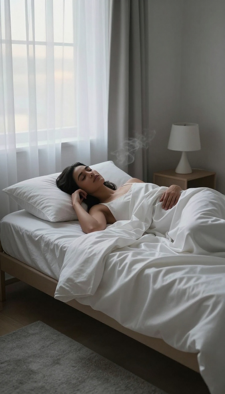 Woman sleeping on a silk pillowcase in a serene bedroom, symbolizing beauty sleep for glowing skin