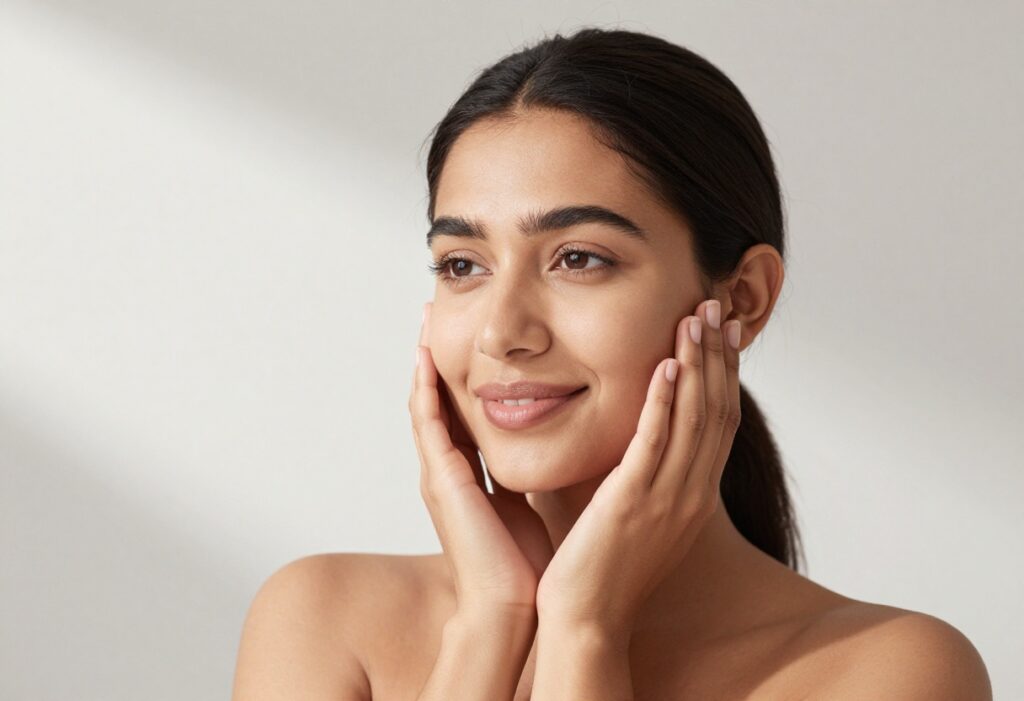 Woman with glowing, smooth skin touching her cheek