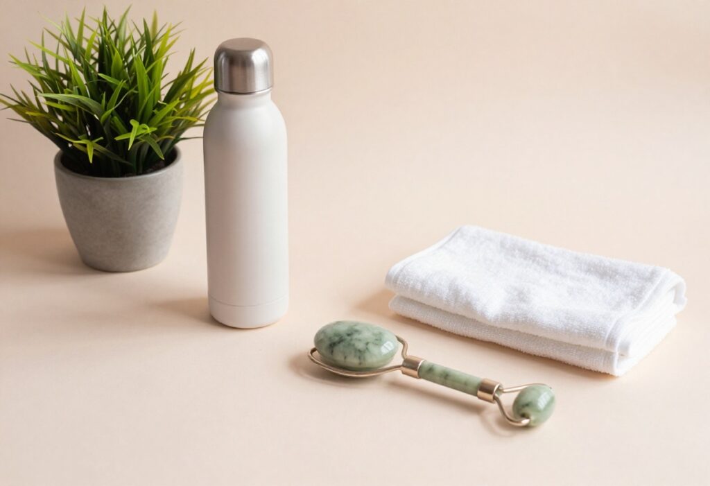 Flat lay of self-care items for a glow up routine