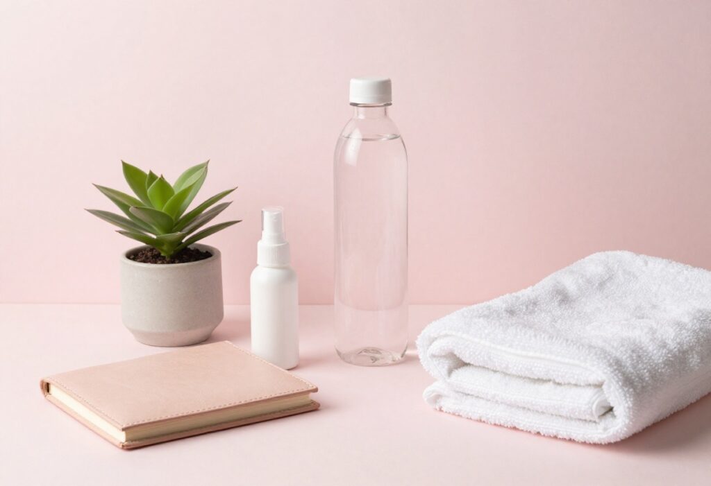 Flat-lay of daily glow up routine items including water, skincare, and journal