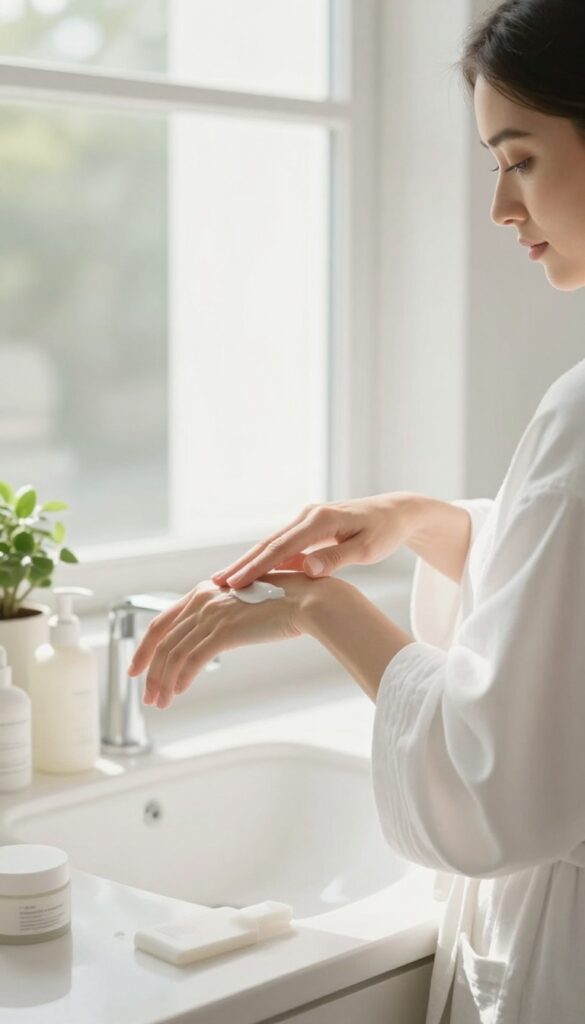 Woman applying body lotion in a bright, serene bathroom with skincare products nearby