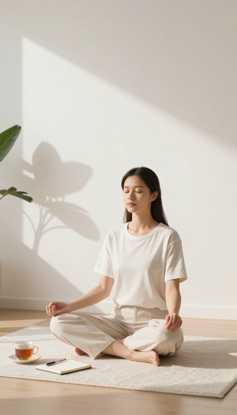 Person practicing a mindful pause with a notebook and tea in a sunlit minimalist room