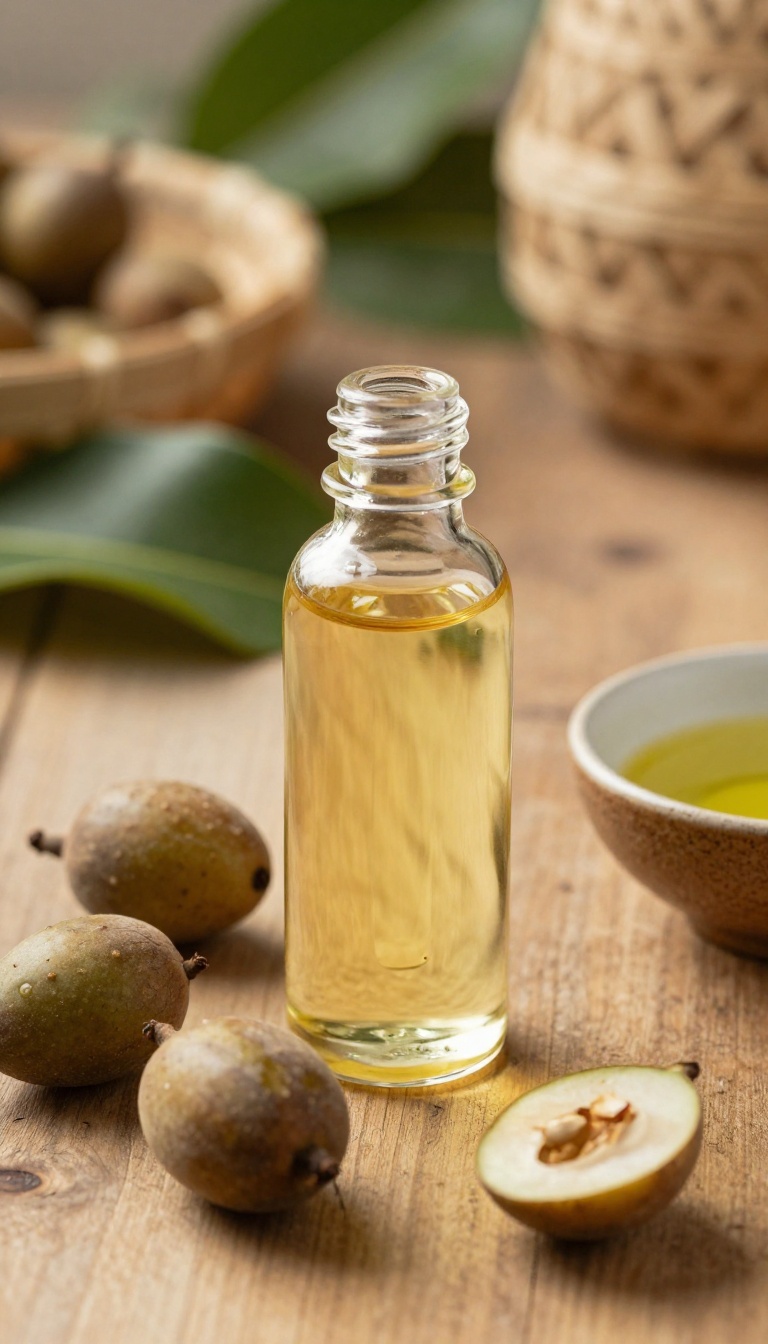 Marula oil in a dropper bottle with fresh marula fruits on a wooden table