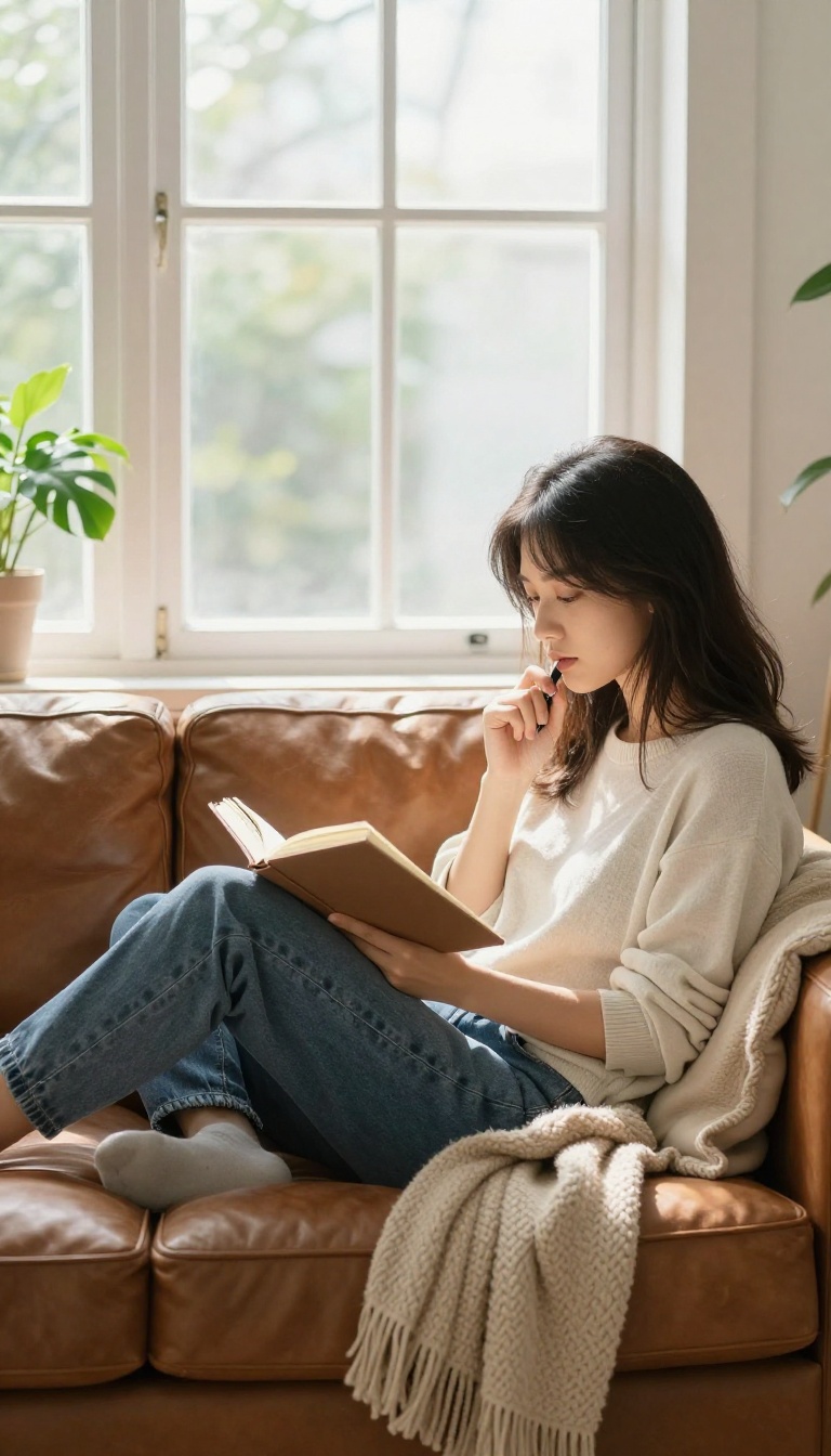 Person reflecting on weekly progress in a journal in a bright, cozy living room