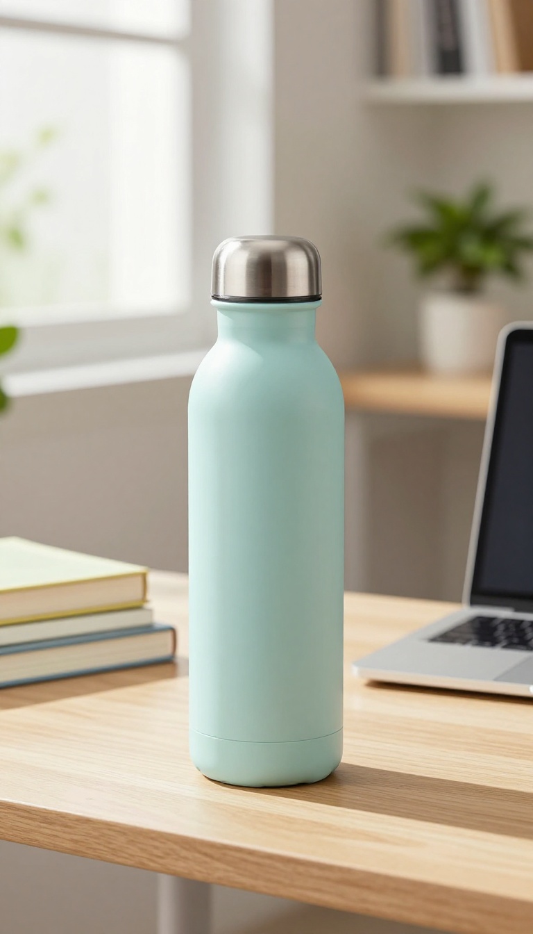 A stylish insulated water bottle on a desk in a bright, organized student bedroom, symbolizing hydration and a polished back-to-school glow up.