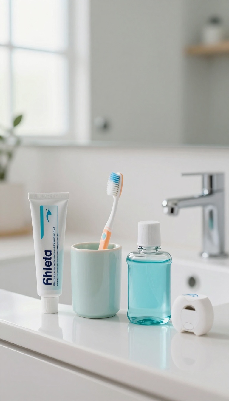 Clean bathroom counter with toothbrush, toothpaste, floss, and mouthwash in natural light, representing good oral hygiene.