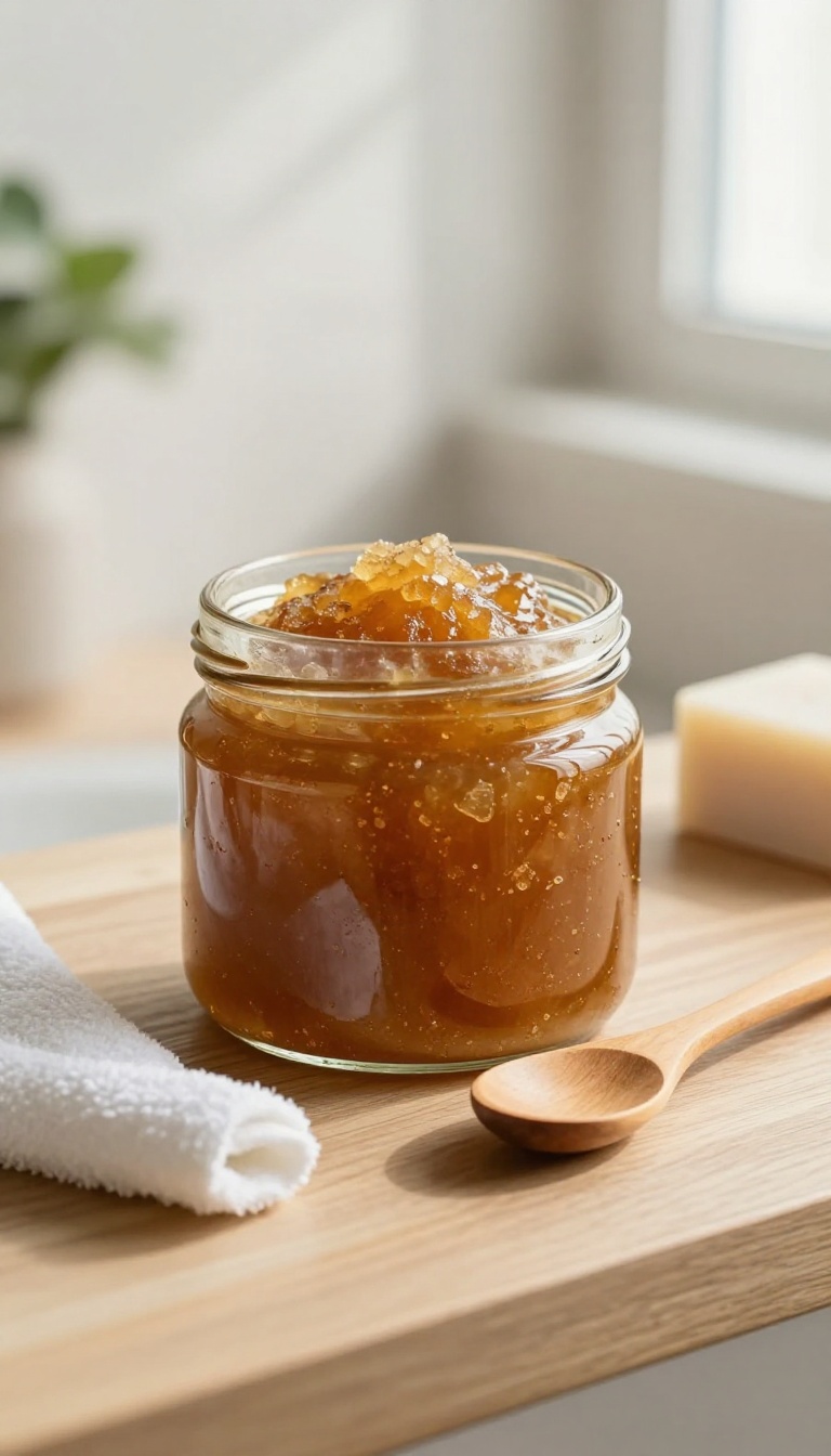 Homemade brown sugar and honey body scrub in a jar on a bathroom shelf with natural light