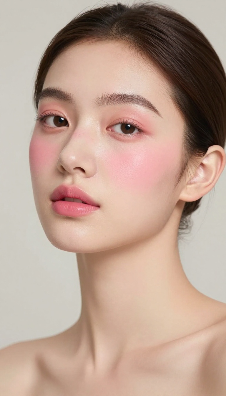 Close-up portrait of a woman with a rosy, radiant makeup look featuring pink blush and lips, natural light, minimal background