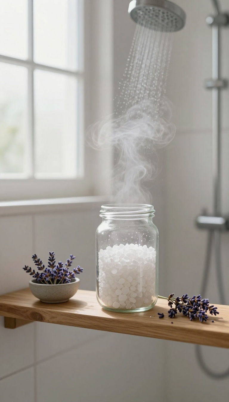 A shower shelf with a jar of Epsom salts and lavender flowers, steam in the background, creating a spa-like ambiance.