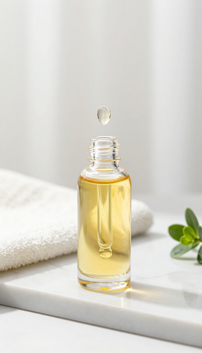 A glass dropper bottle of golden glow oil on a marble surface with a towel and plant, illuminated by natural light.