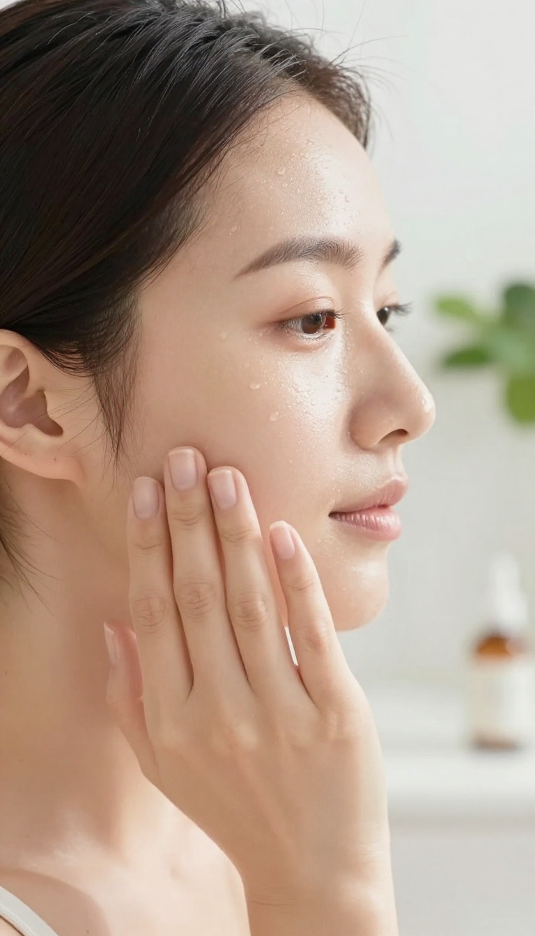 Woman touching her cheek in soft light, symbolizing listening to your skin's needs.