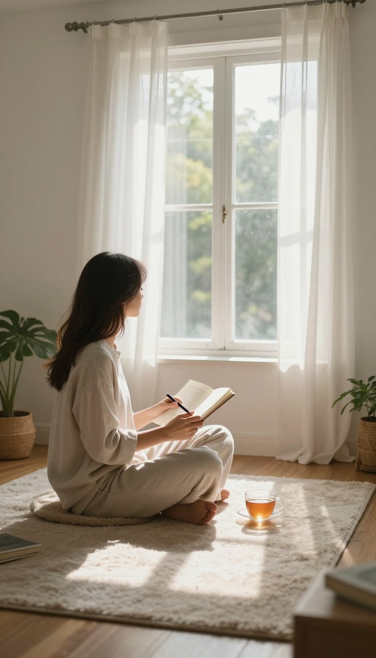 Person reflecting in a cozy sunlit reading nook with a journal and tea.