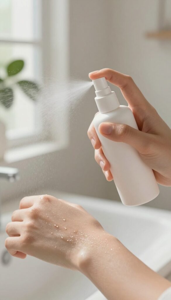 Hand spraying a hydrating body mist onto skin in a bright bathroom