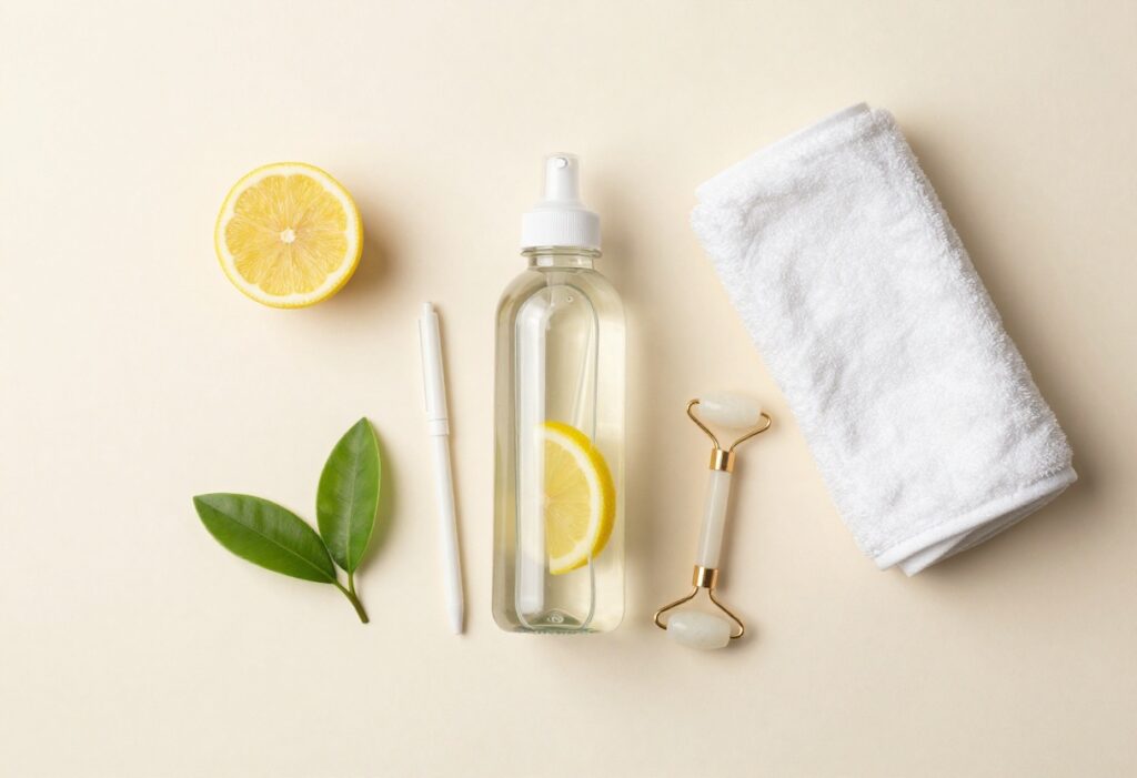 Self-care items arranged on a pastel background for a glow up week