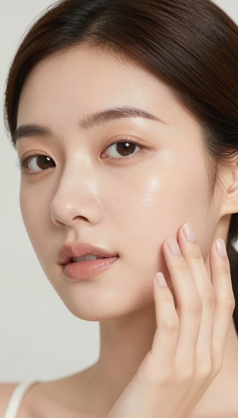 Woman with glowing skin gently touching her cheek