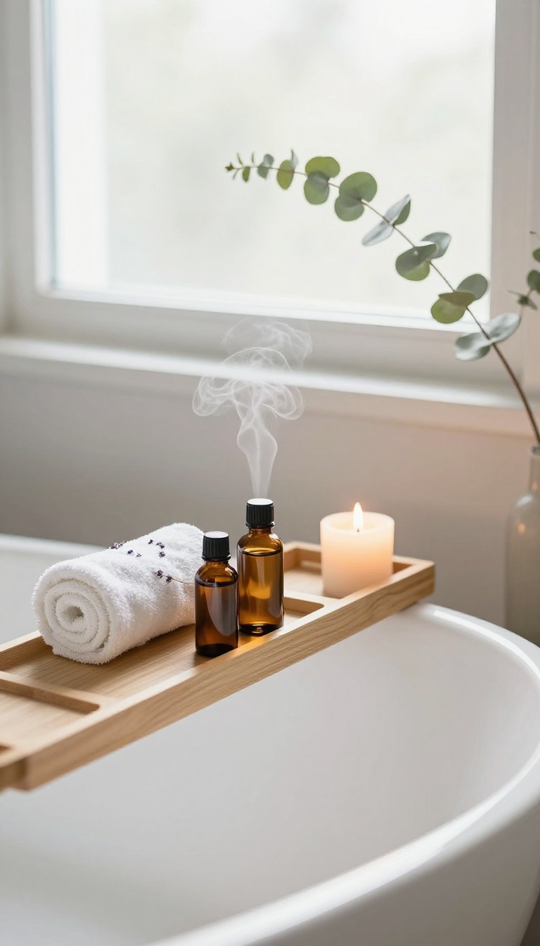 Calming scents in a body care ritual with lavender oil and candle by a bathtub