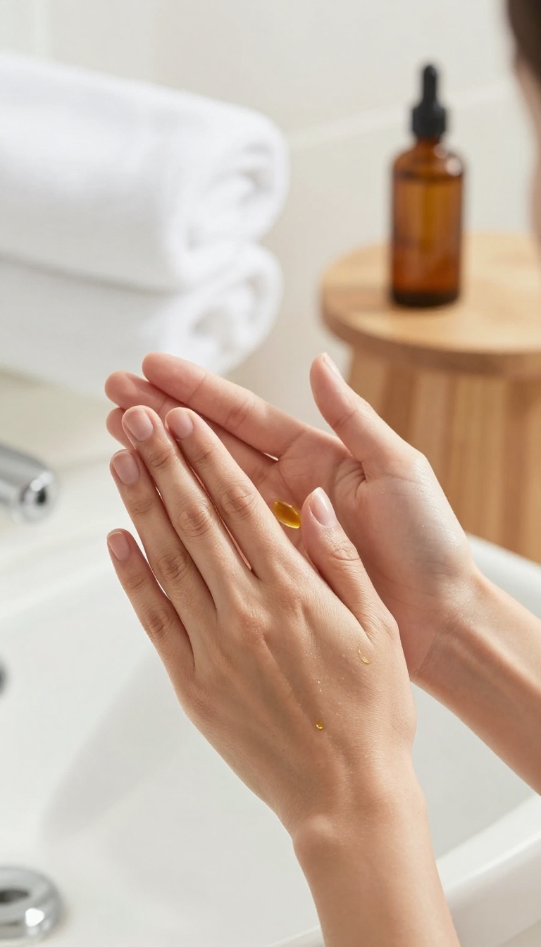 Woman applying prickly pear seed oil to her face for a glowing, nourished look