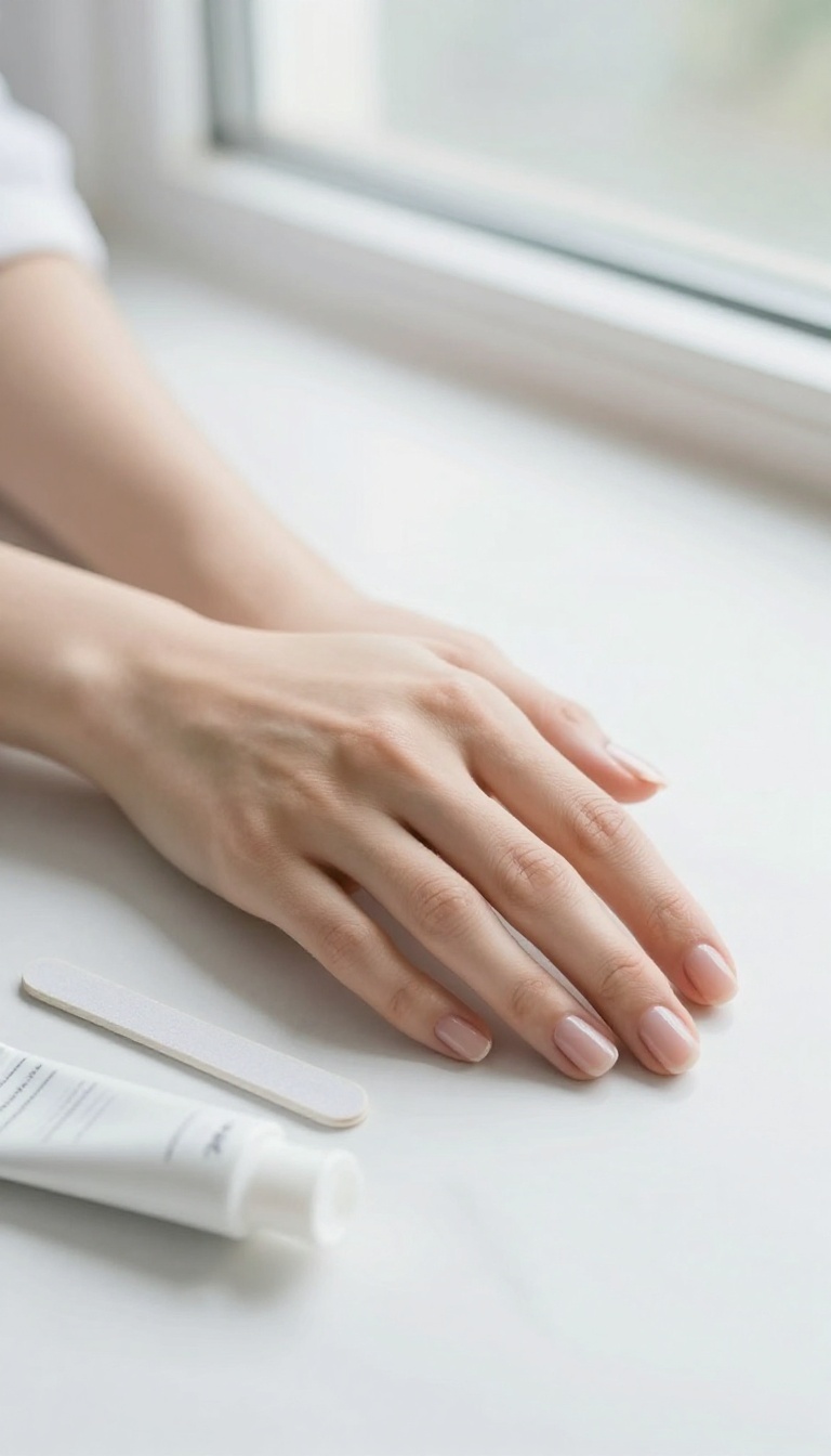 Close-up of well-groomed hands with clear polish and hand cream on a marble surface.