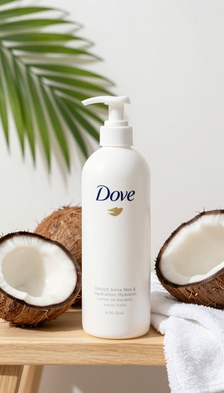 Dove Coconut & Hydration Body Wash bottle surrounded by coconut halves and palm leaves on a wooden bathroom shelf.