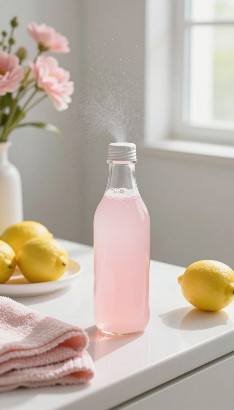 Pink lemonade body splash bottle on a bathroom counter with fresh lemons and pink flowers