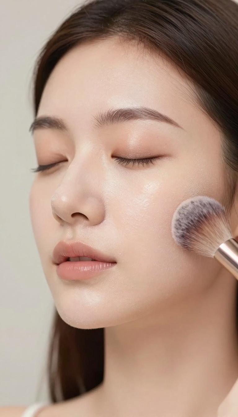 A woman applying loose powder with a fluffy brush, showcasing a soft, radiant makeup look with natural light.