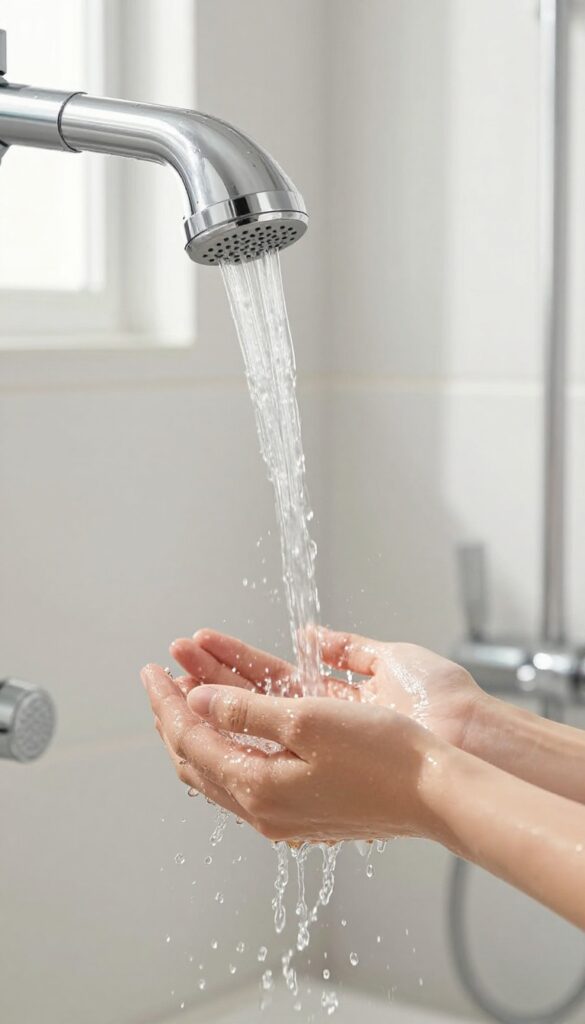 Woman rinsing her skin under a shower stream, water droplets and clean glowing skin, bright bathroom setting