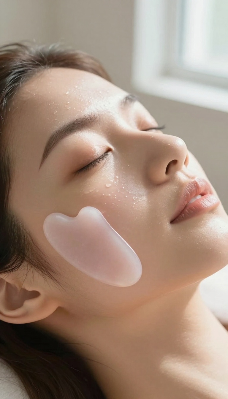 Woman using a gua sha tool on her face in soft morning light