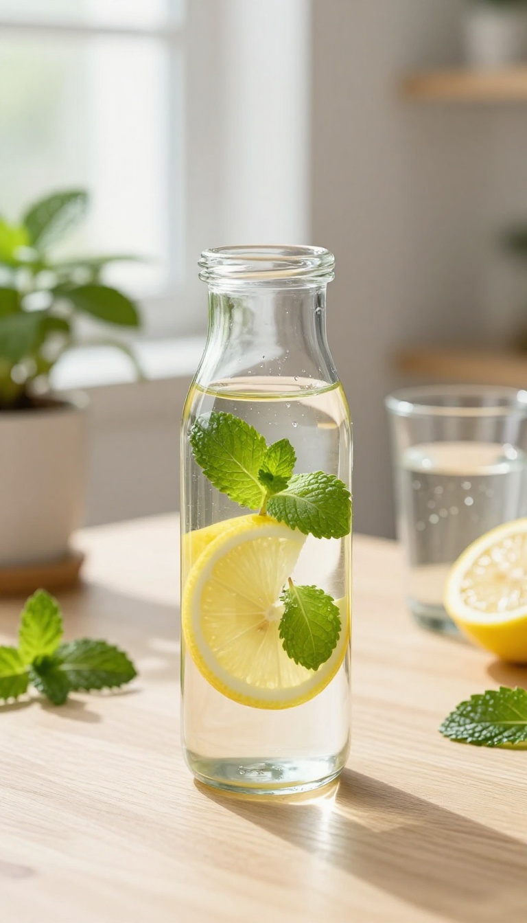 Clear water bottle with lemon and mint on a bright desk, symbolizing hydration for glowing skin.