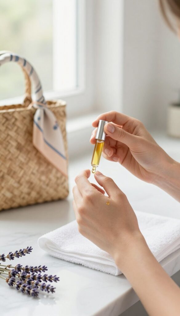 Woman applying essential oil rollerball to her wrist in a bright bathroom, with a woven bag and lavender nearby.