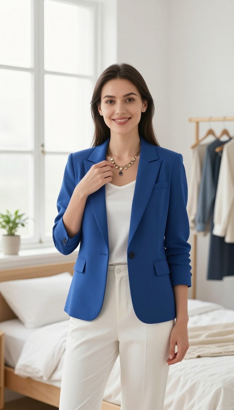 Confident woman in a well-fitted blue blazer standing in a bright bedroom, radiating self-assurance.