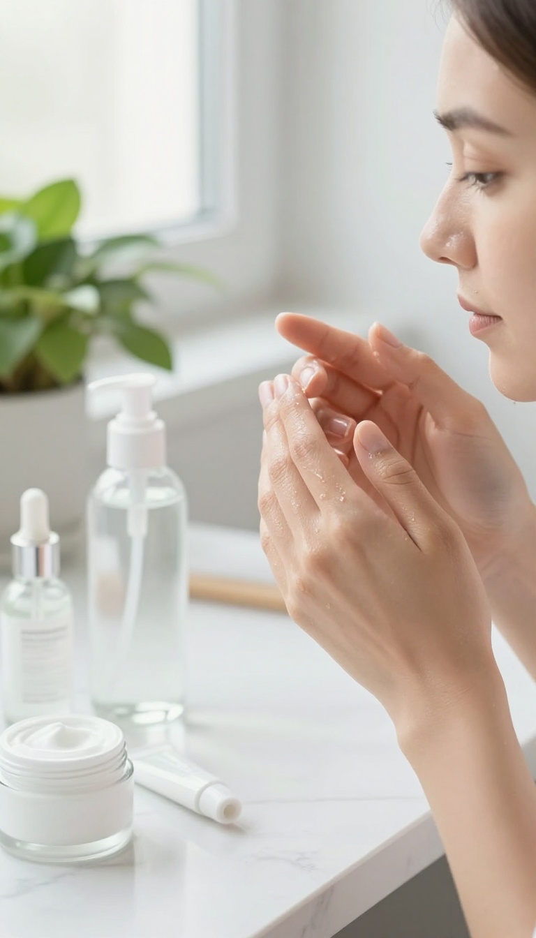 Woman with glowing skin touching her cheek beside a minimal skincare routine on a marble countertop in bright natural light
