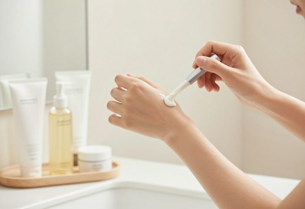 Woman applying body lotion in a bright bathroom with Korean skincare products