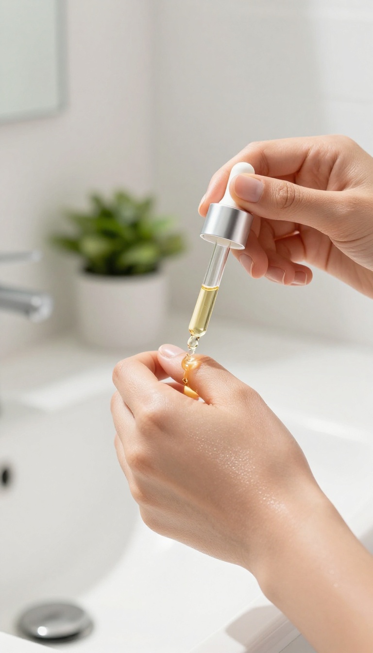 Applying vitamin C serum to fingertips in a bright bathroom with natural light
