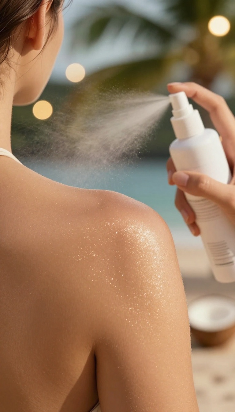 Woman's shoulder with shimmering coconut body spray and tropical bokeh background