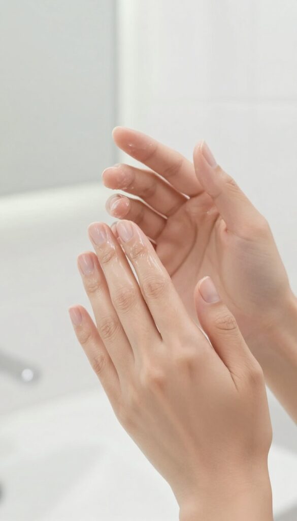 Woman double cleansing her face with an oil-based cleanser in a bright bathroom
