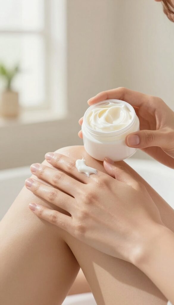 Hands applying whipped body butter to hydrated, glowing skin, with a jar of the creamy product nearby.