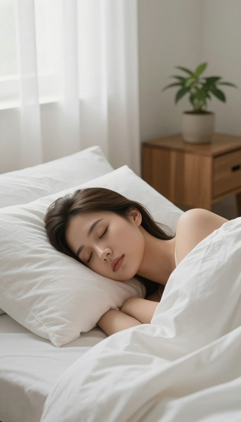 Woman sleeping peacefully on a silk pillowcase in a bright, serene bedroom, symbolizing beauty sleep for glowing skin.