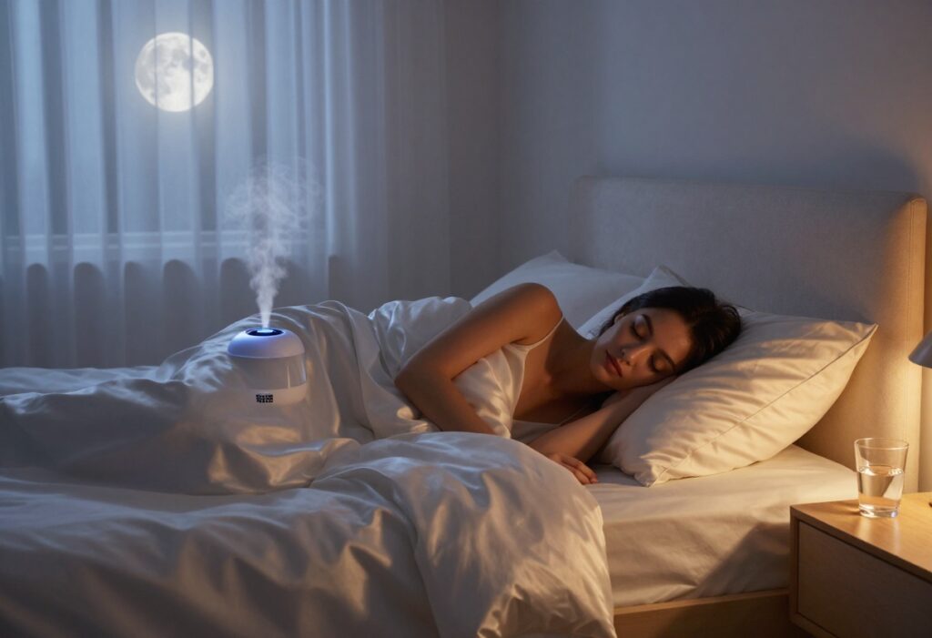 Woman sleeping peacefully on a silk pillowcase with glowing skin in a cozy bedroom