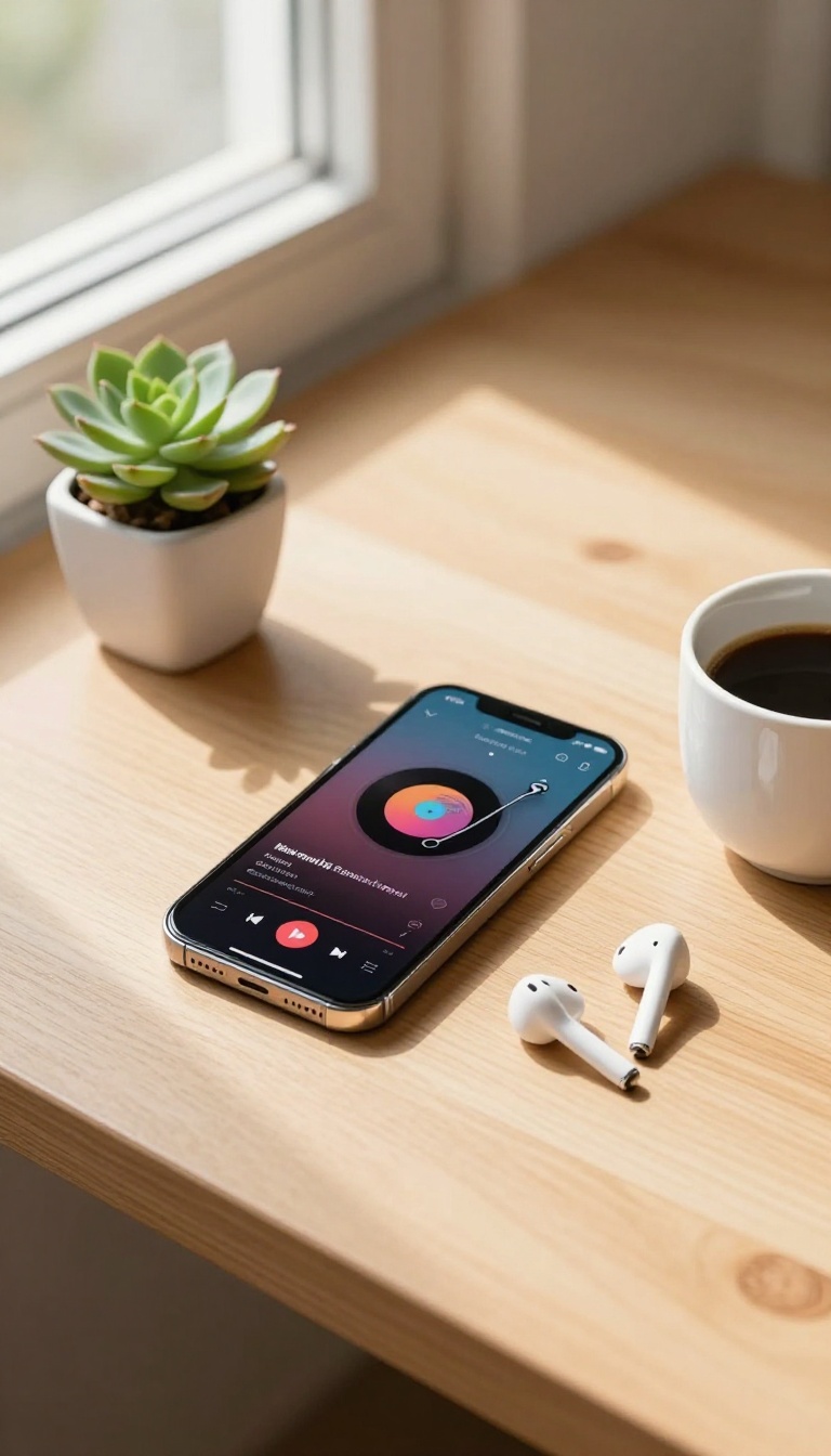 Smartphone with music playlist on a bright desk with earbuds and coffee, symbolizing an uplifting playlist for a glow-up.