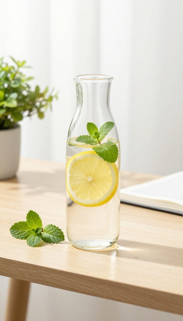 A glass water bottle with lemon and mint on a bright desk, symbolizing hydration as a glow up habit