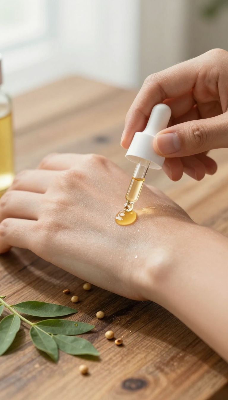 Hand applying moringa oil to skin with bottle and moringa leaves nearby