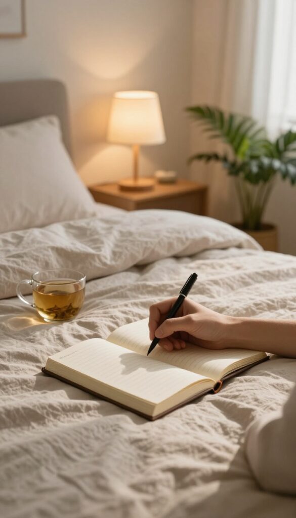 A person writing in a gratitude journal by a warm lamp in a cozy bedroom at night