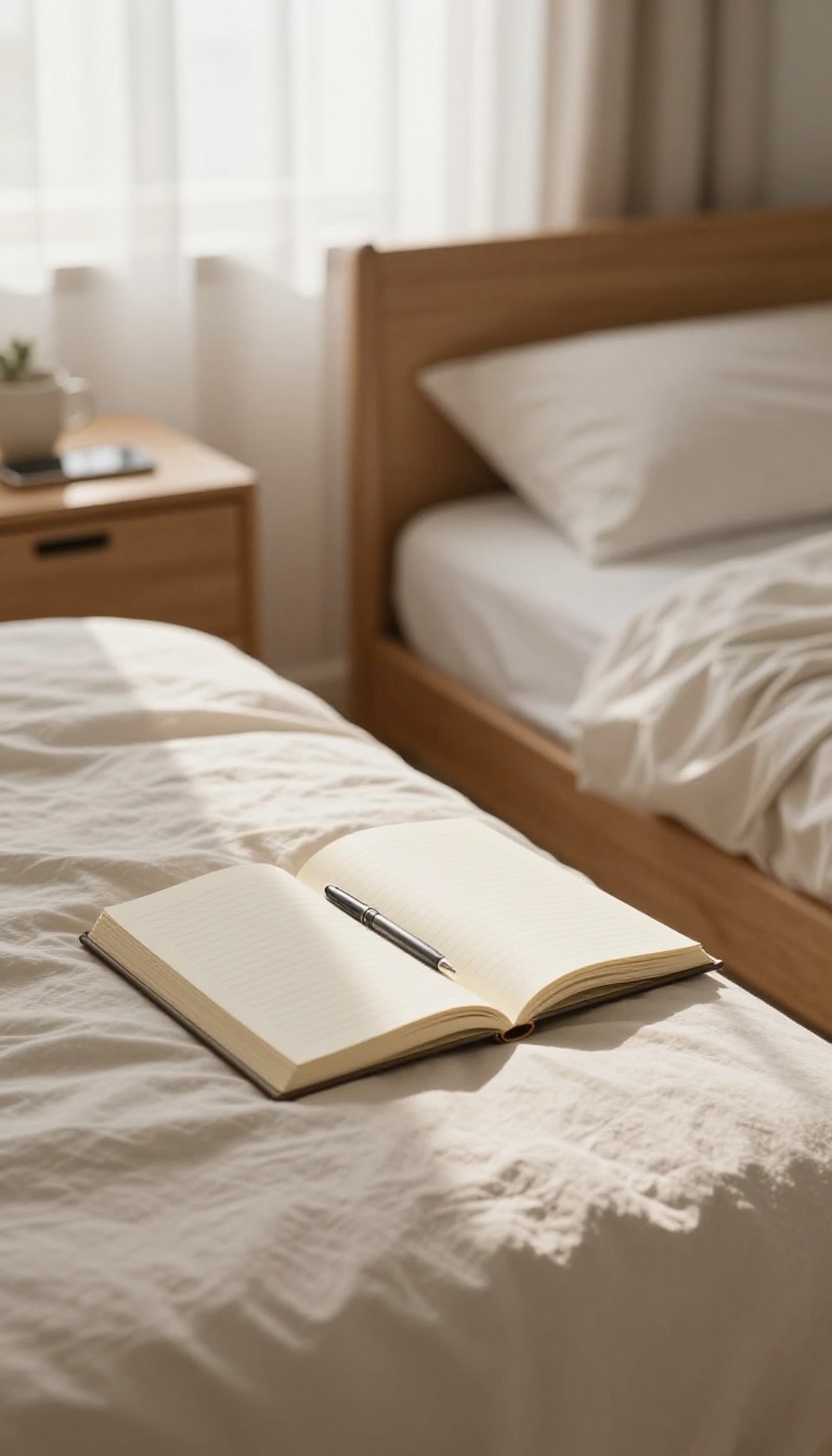 A journal and pen on a nightstand beside a bed, with a smartphone face-down nearby, in bright morning light.
