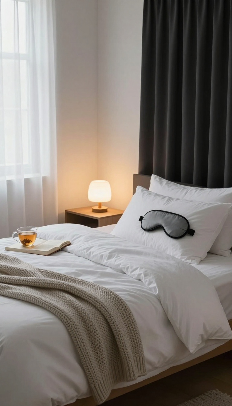 A calm bedroom setup for a better sleep routine, with a cozy bed, tea, and a book.