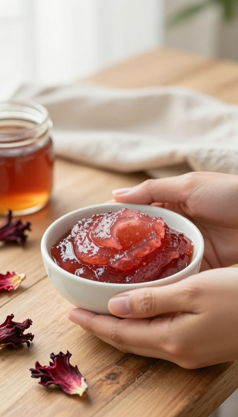 Hand holding a bowl of hibiscus exfoliant paste with dried petals on a wooden table