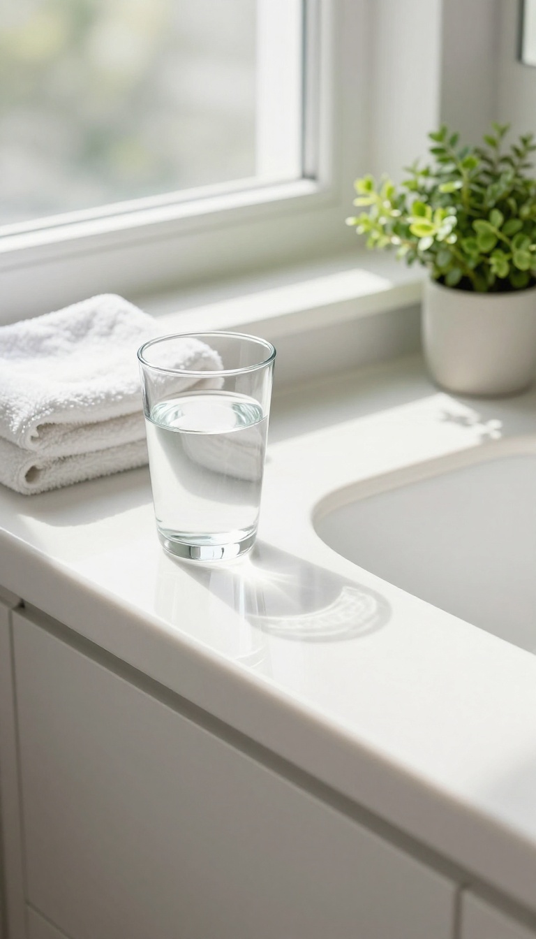 A glass of water and a small plant on a bathroom counter, symbolizing a small daily health goal.