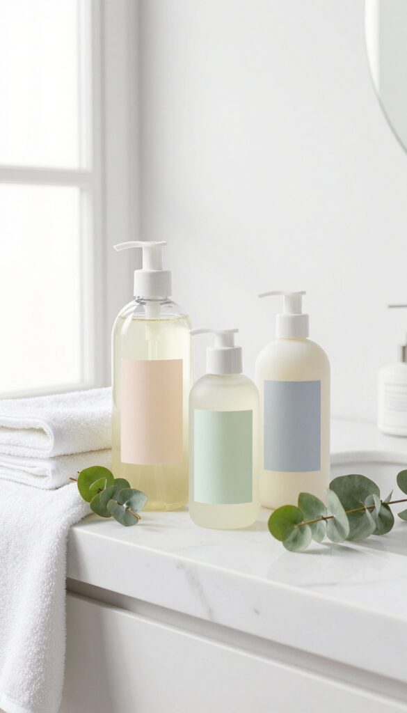 Matching body wash and lotion bottles on a marble counter with eucalyptus and a white towel in bright natural light.