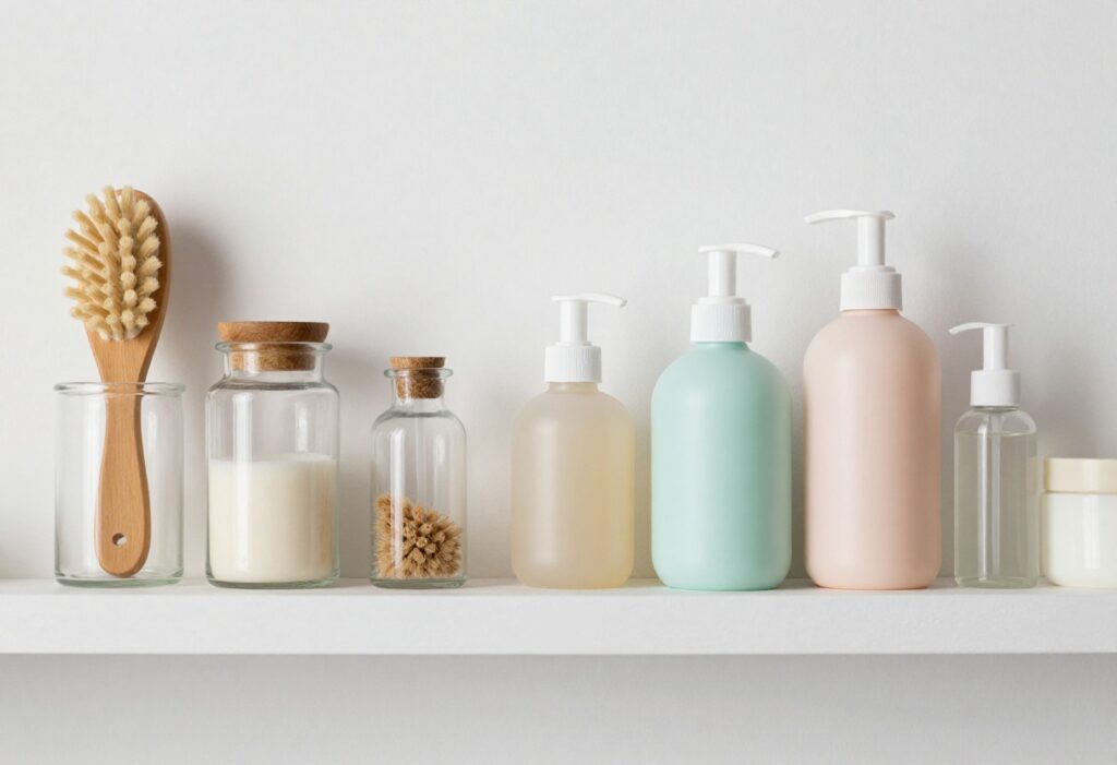 Aesthetic body care products arranged on a bathroom shelf with soft lighting and minimal decor.