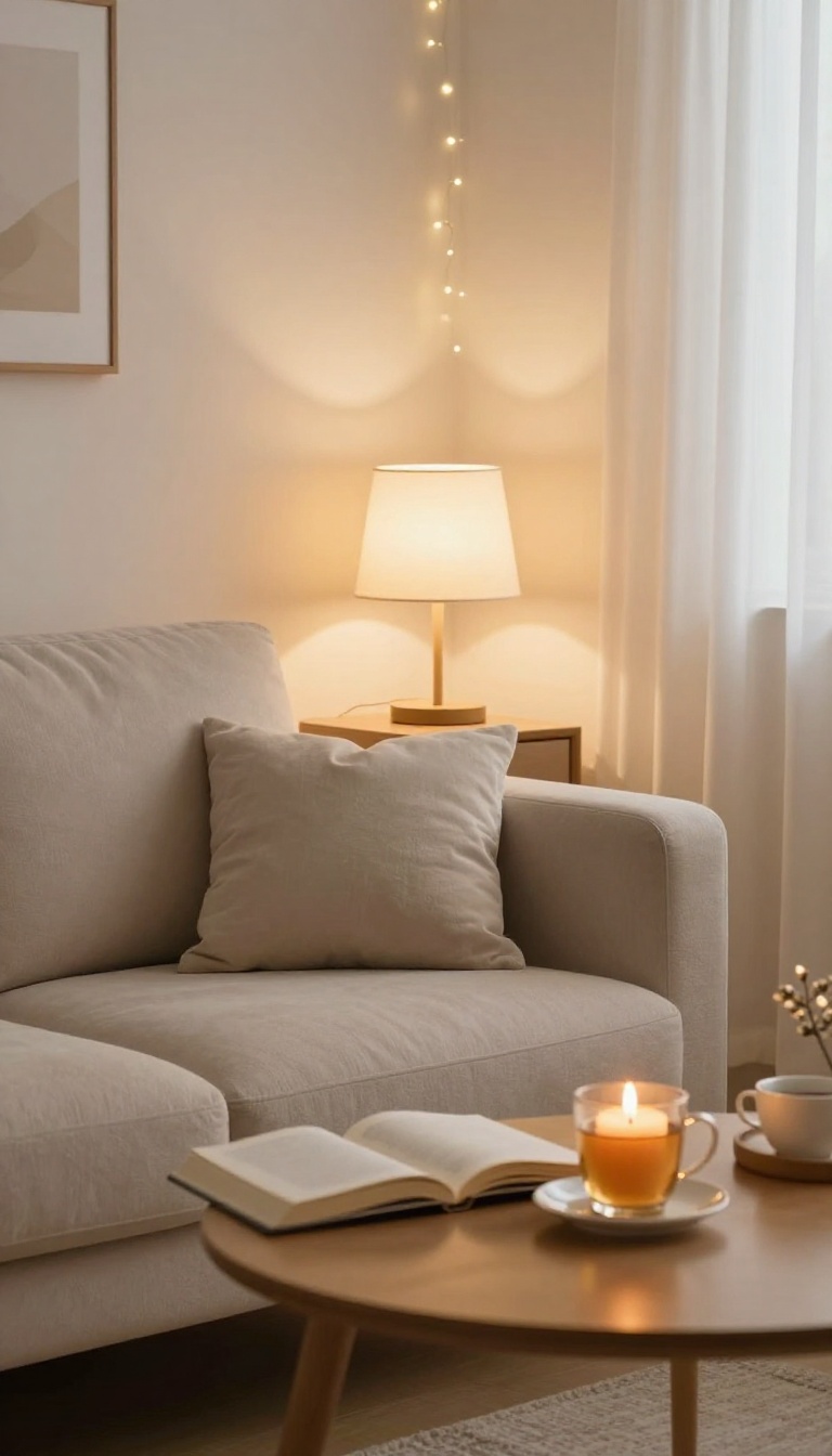 Cozy Sunday evening wind-down scene with candlelight, soft lamp, and comfortable sofa