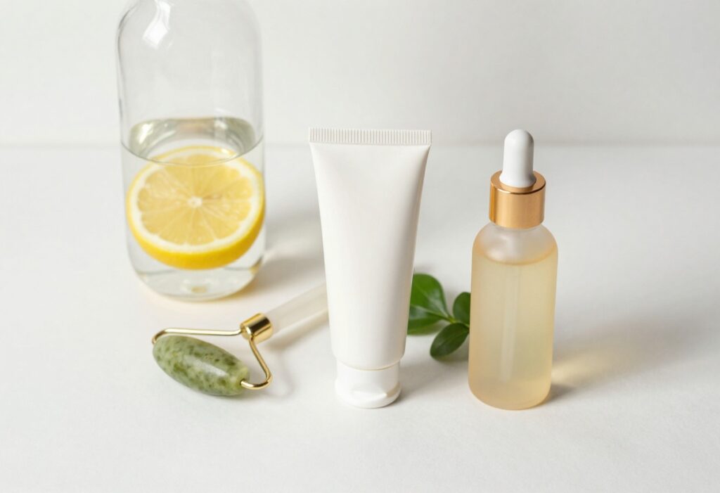 Skincare essentials arranged on a white surface with a water bottle, jade roller, sunscreen, and serum, representing a healthy glow routine.